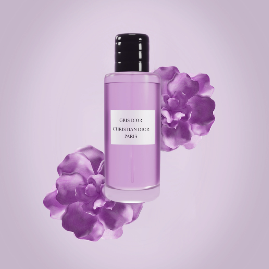 3D model render: Lilac perfume bottle with purple flowers
