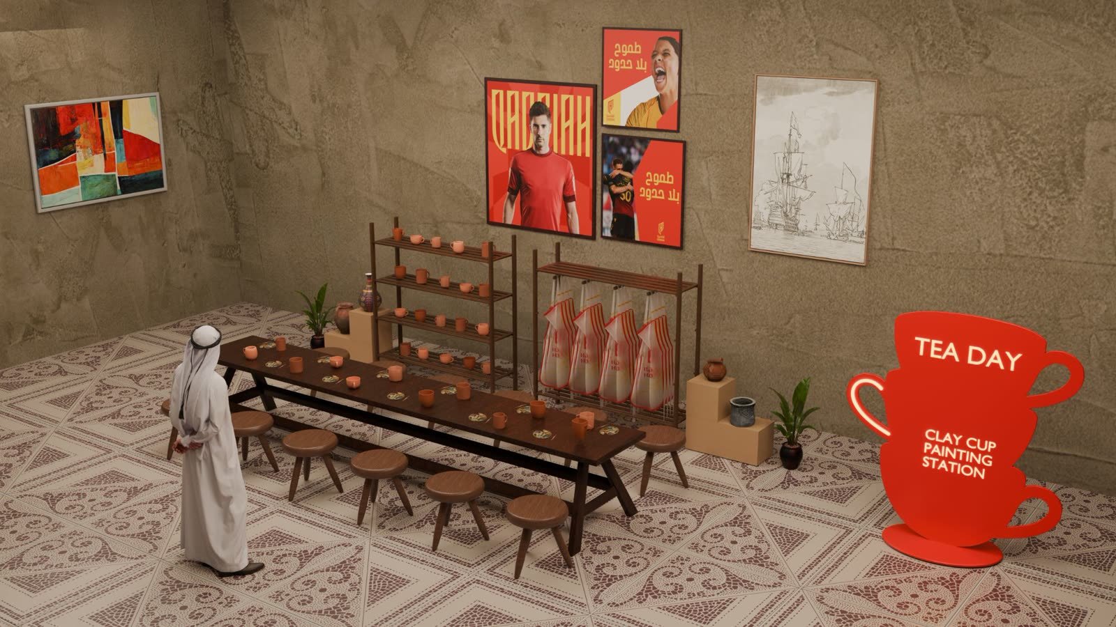 Al Qadsiah Tea Day: Clay cup painting station with a long table and shelves