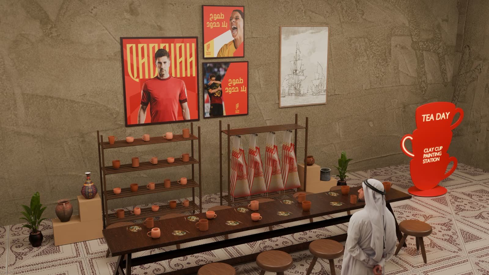 Al Qadsiah Tea Day: Clay cup painting table, mug shelves and apron rack, close view