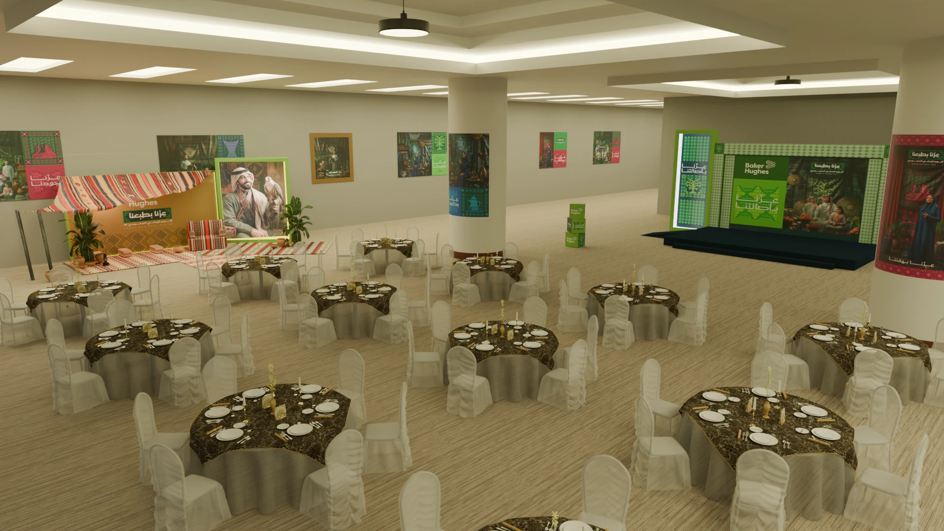 Baker Hughes National Day event: Banquet hall from above with the majlis corner and stage