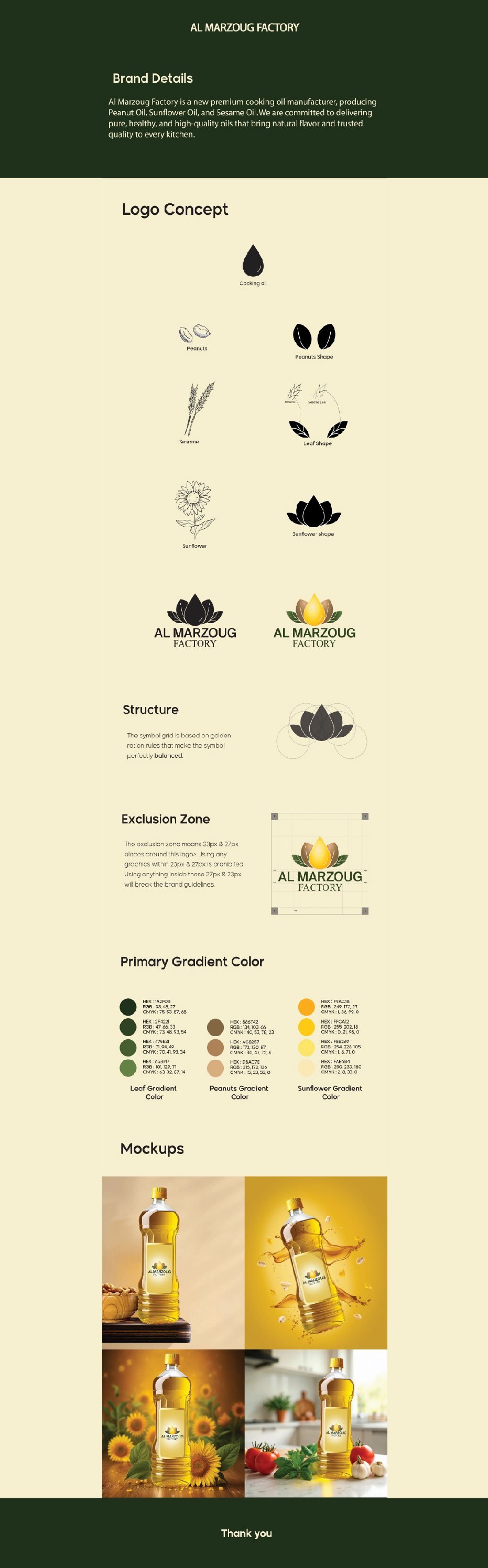 Al Marzoug Factory cooking oil brand identity: logo concept, structure, colours and mockups