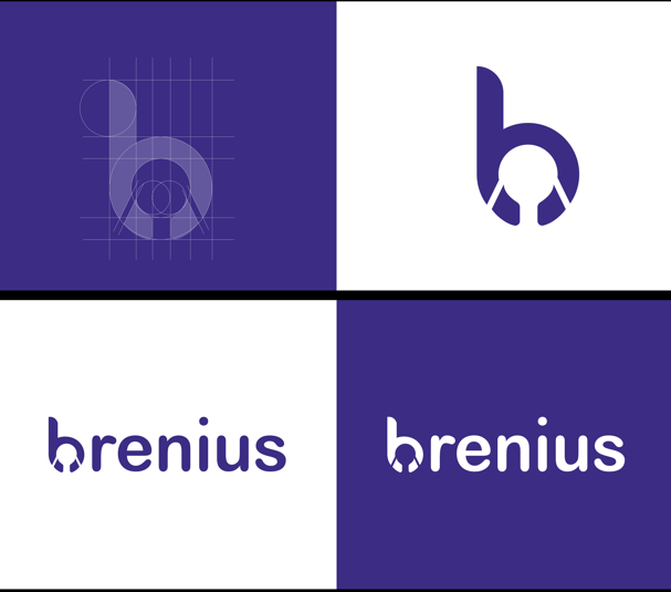 Brenius logo: construction grid, icon and wordmark in purple and white