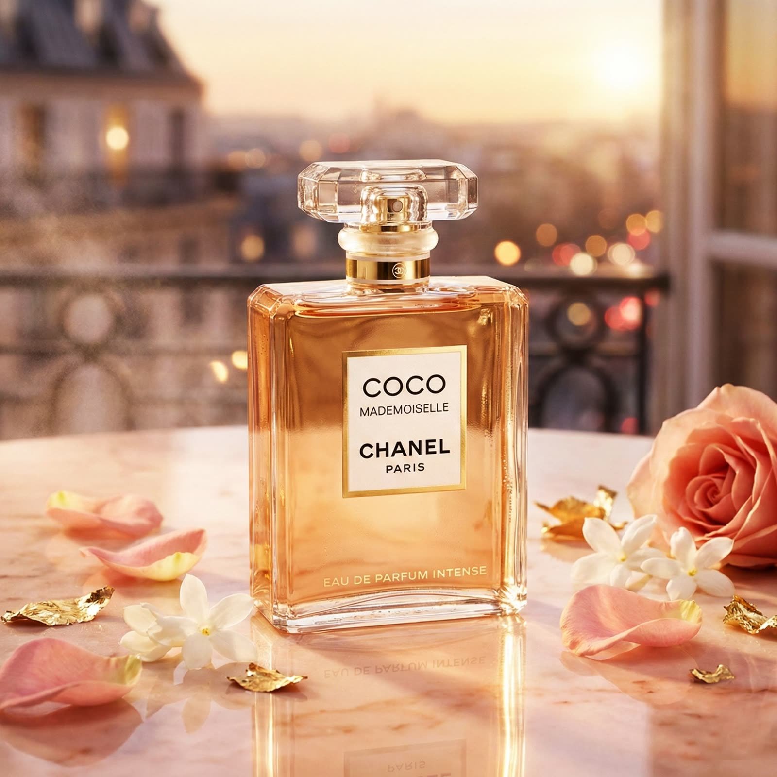 AI perfume design: Amber perfume bottle on marble with rose petals at sunset