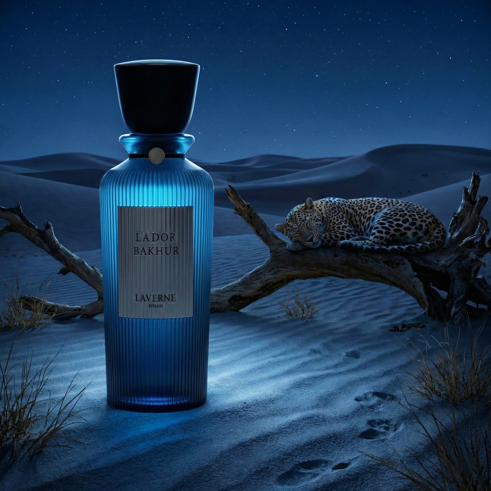 AI perfume design: Blue ribbed perfume bottle in night desert dunes with a sleeping leopard