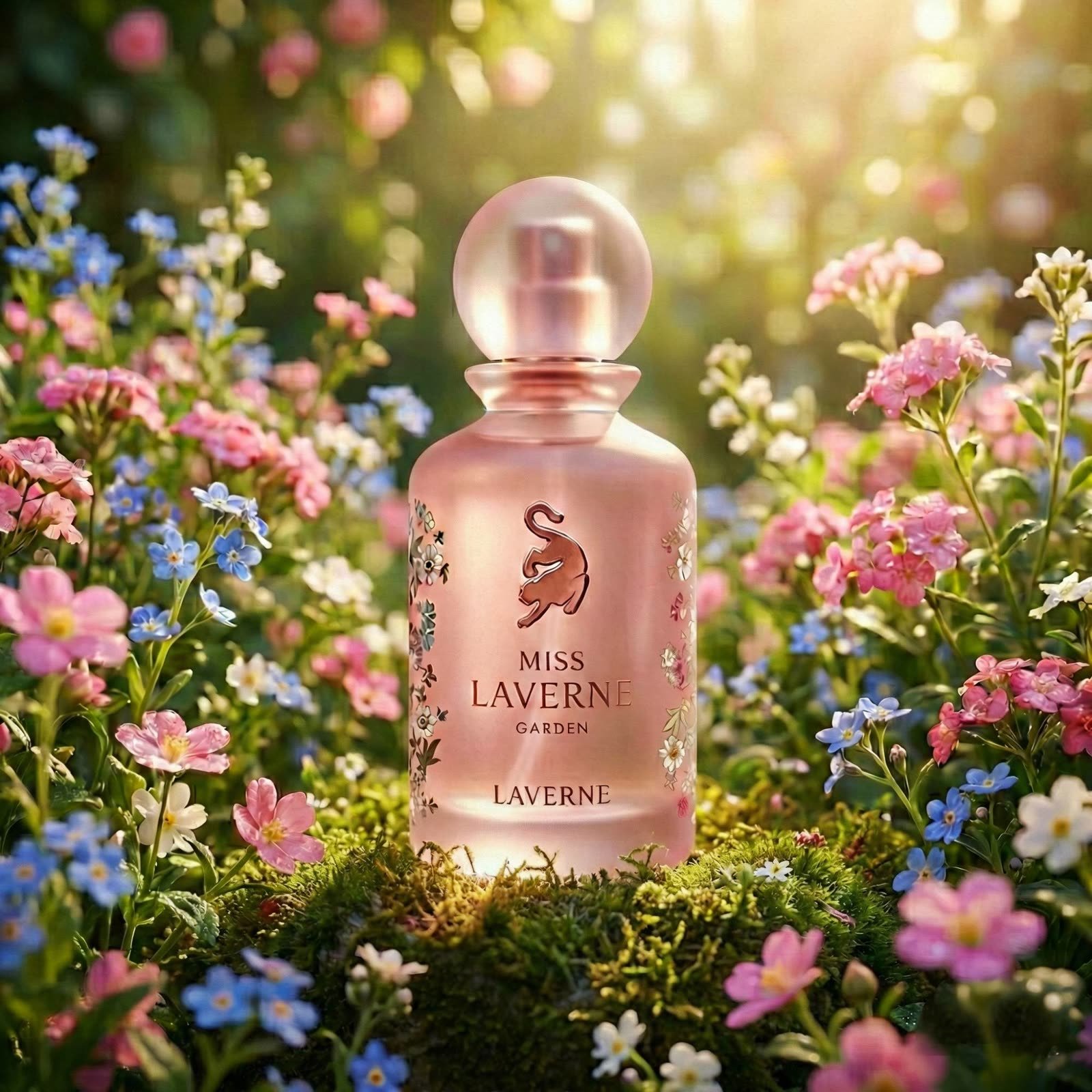 AI perfume design: Pink perfume bottle among spring garden flowers