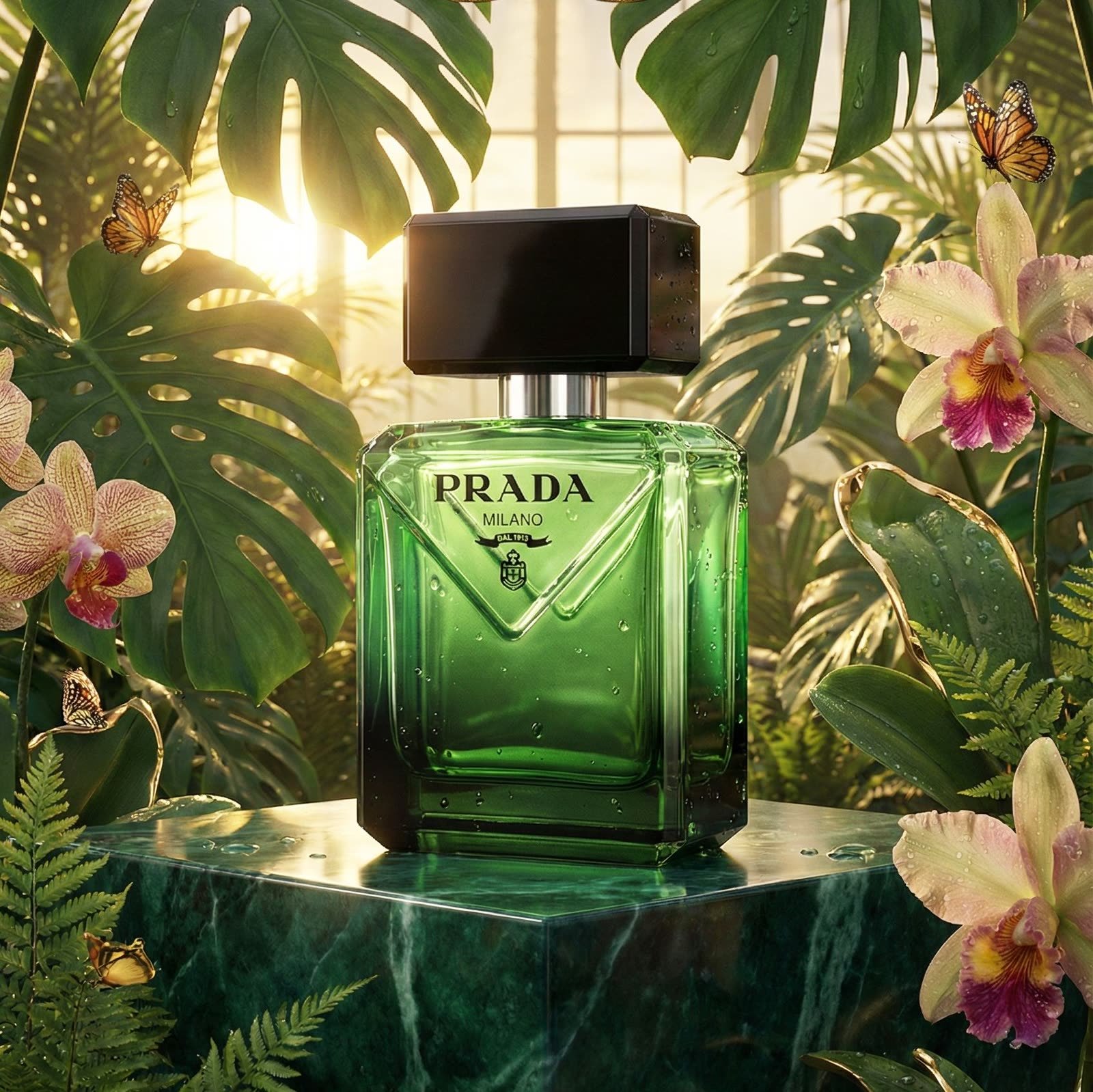 AI perfume design: Green perfume bottle on a marble block among tropical leaves and orchids