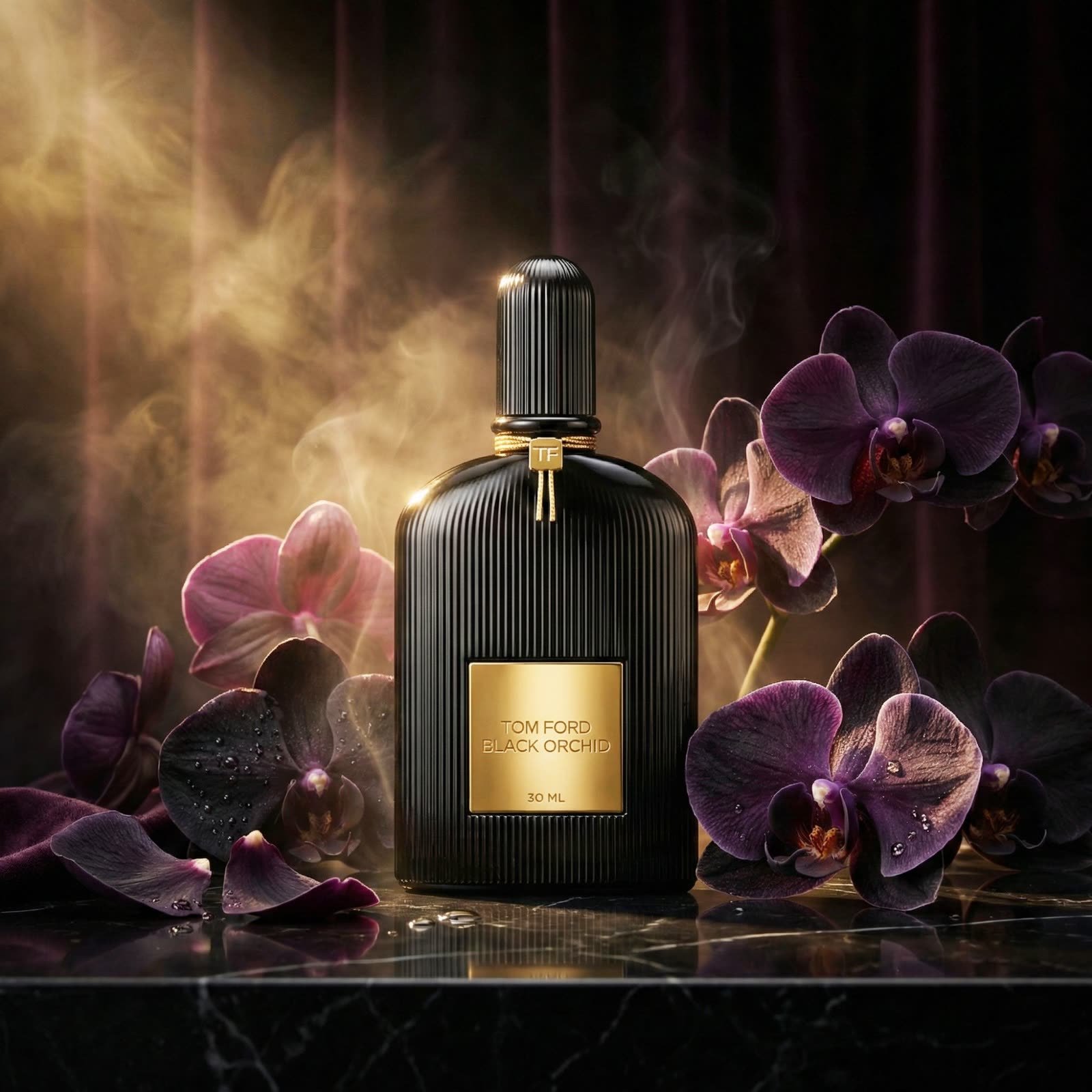 AI perfume design: Black ribbed perfume bottle among dark orchids and golden smoke