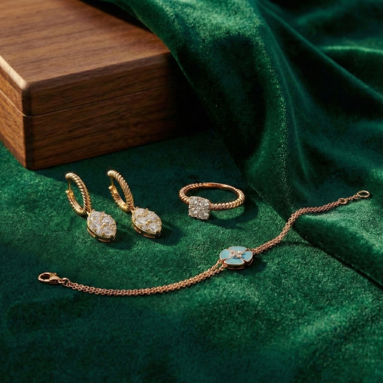AI jewellery design: Drop earrings, cluster ring and turquoise flower bracelet on green velvet