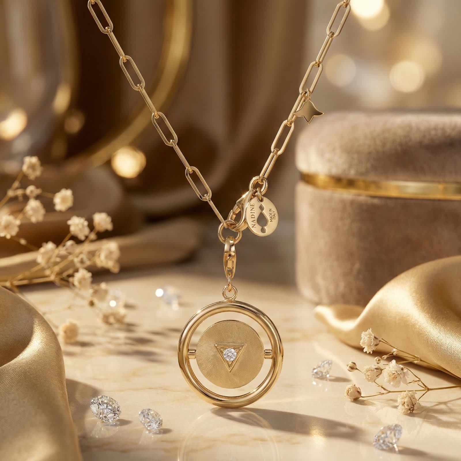 AI jewellery design: Gold paperclip chain with a spinning medallion pendant