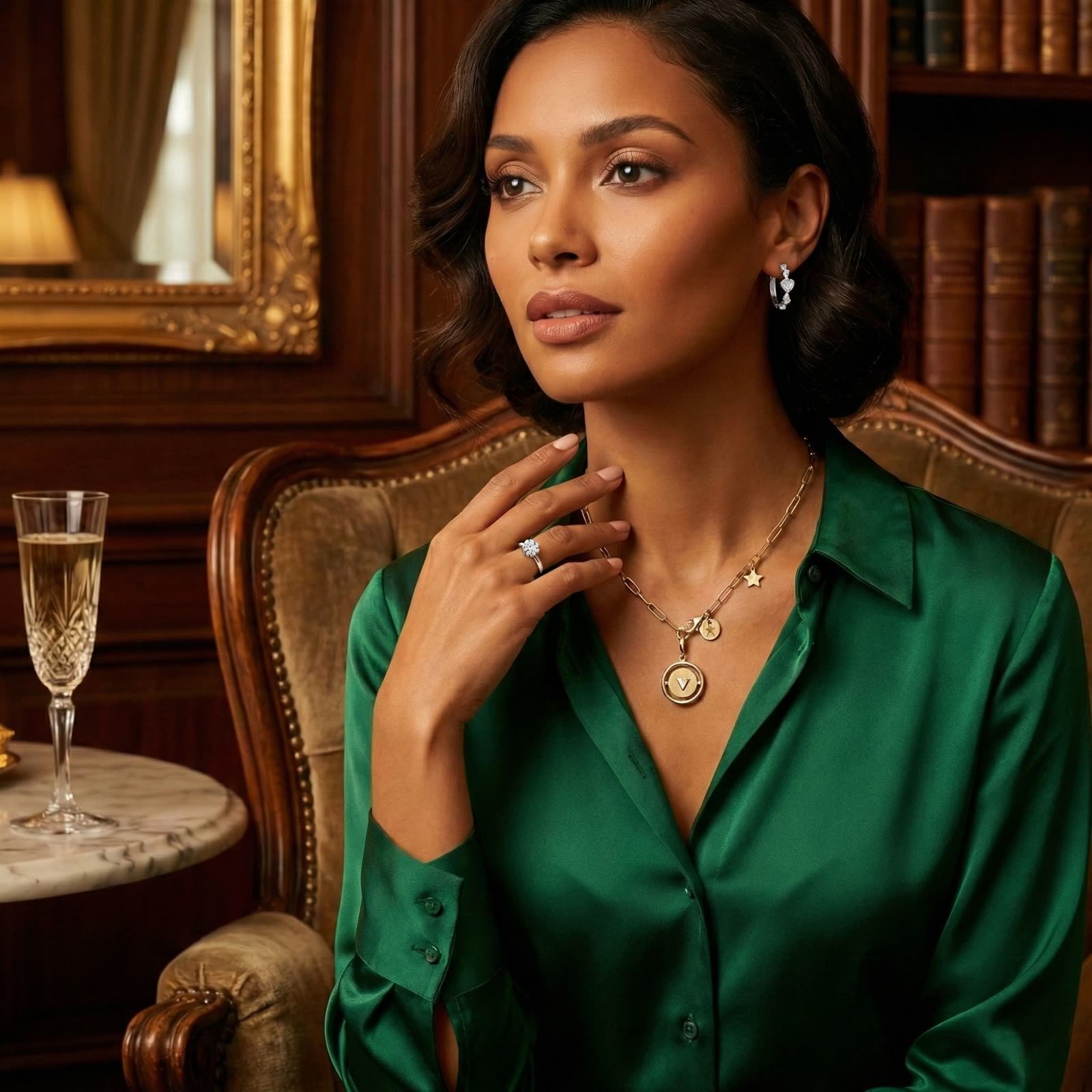 AI jewellery design: Model in green silk wearing a gold medallion necklace and diamond ring