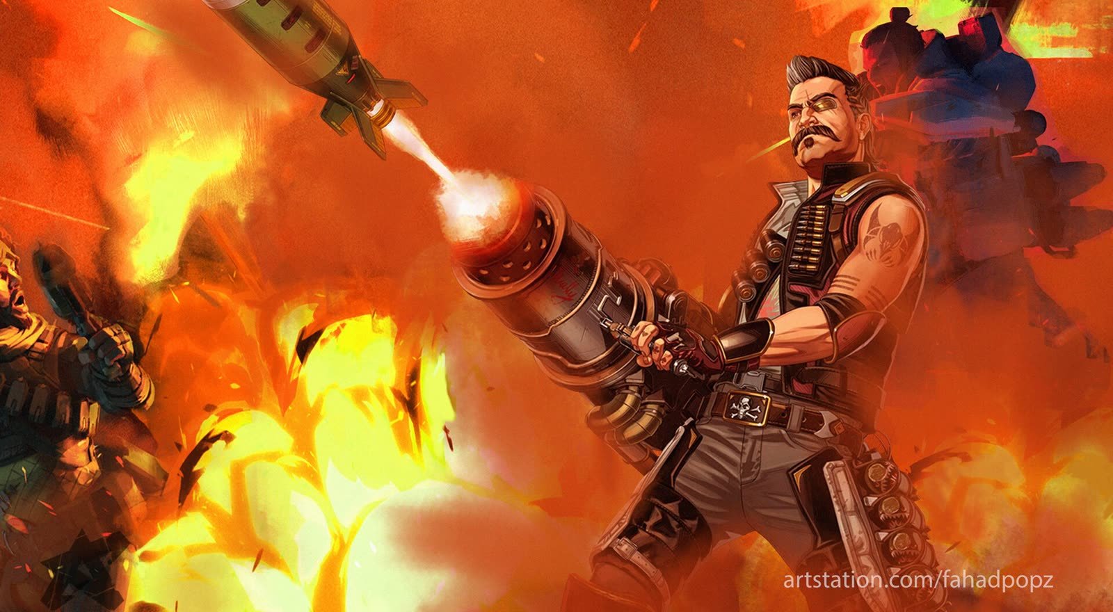 Concept art: Character firing a rocket launcher in a fiery orange explosion