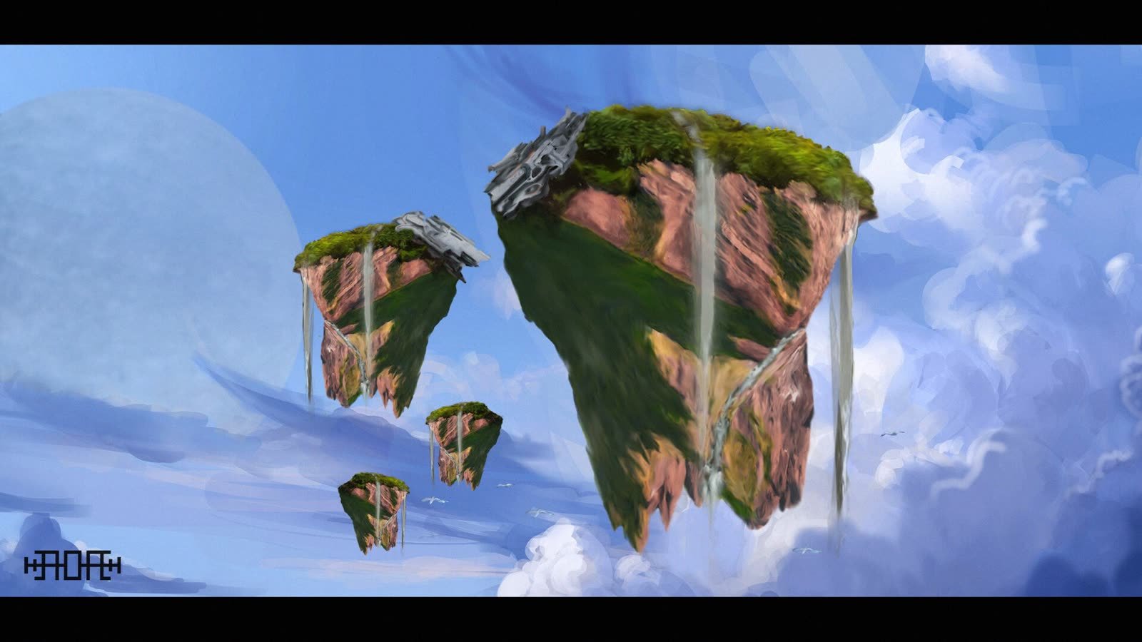 Concept art: Floating islands with waterfalls in a blue sky