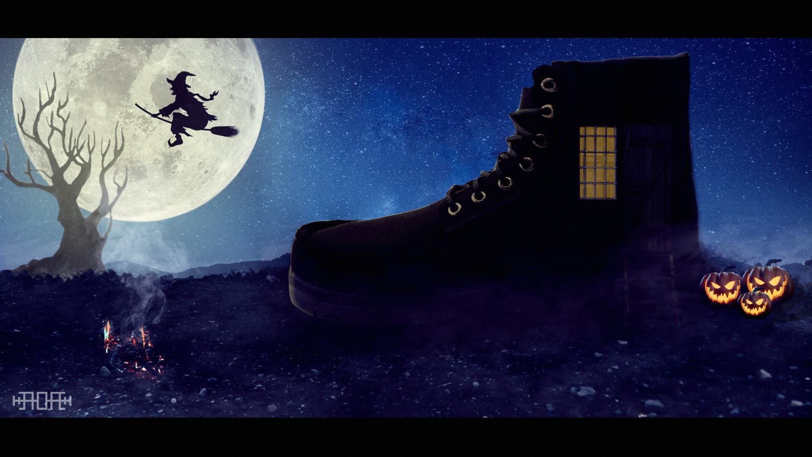 Concept art: Halloween night: a giant boot house under a full moon with a flying witch and pumpkins