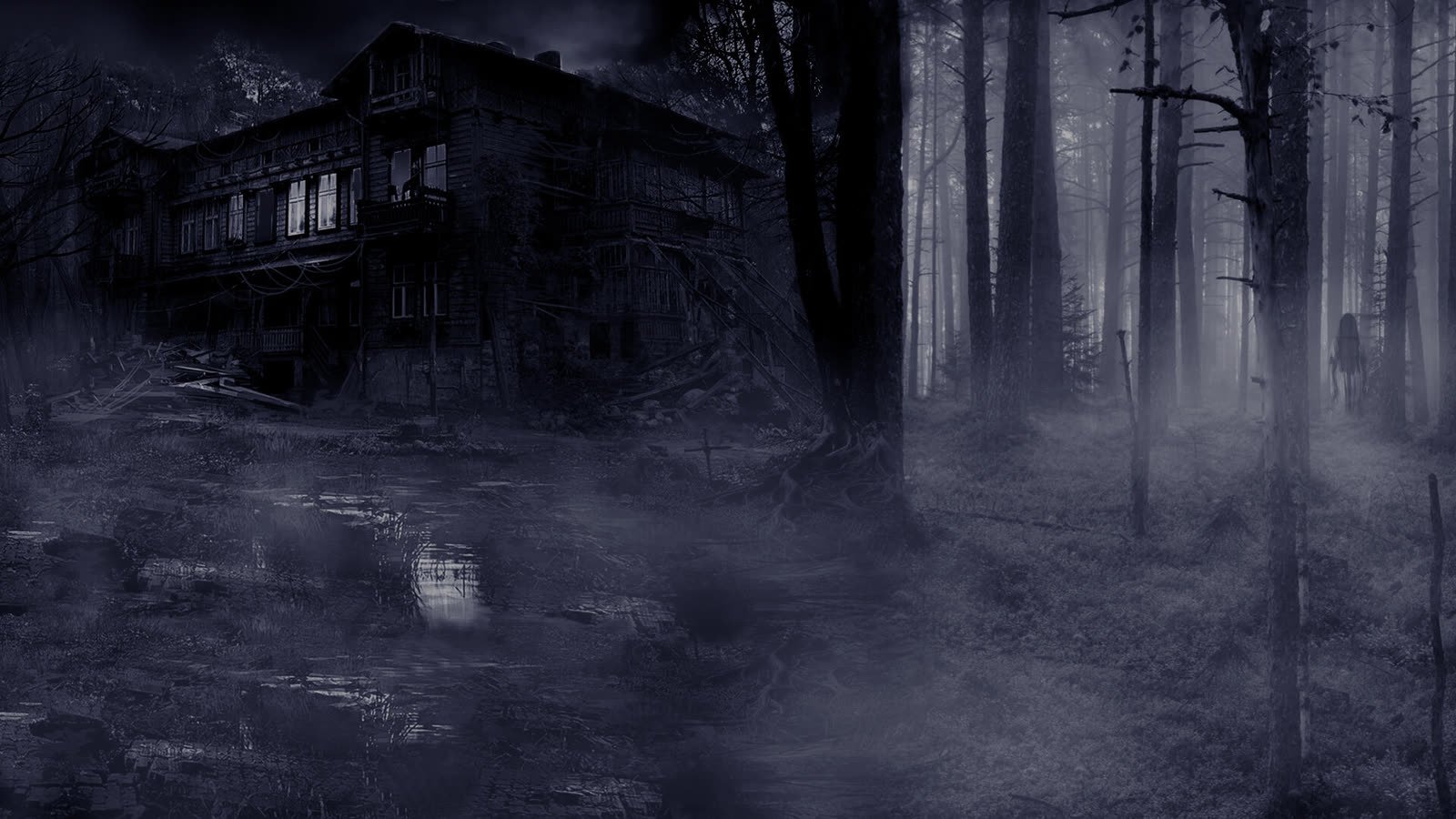 Concept art: Haunted house beside a misty forest at night