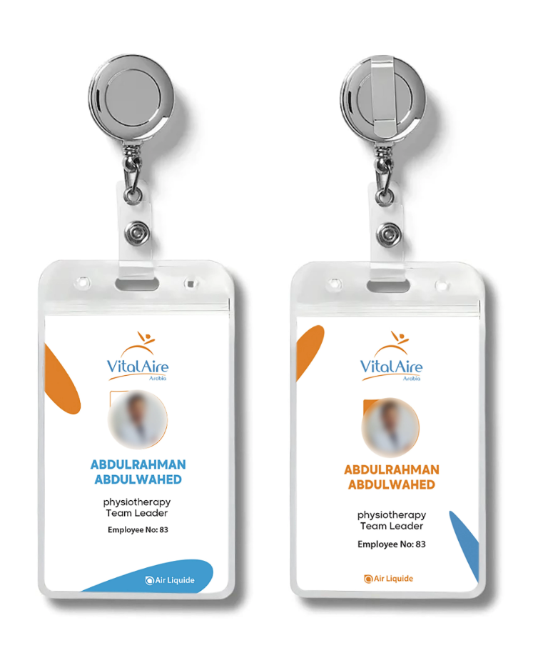 ID card design: VitalAire Arabia employee ID cards in clear holders, blue and orange versions