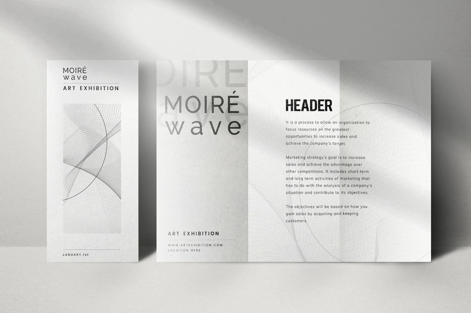 Brochure design: Moiré Wave art exhibition: DL flyer and trifold brochure with line-wave patterns