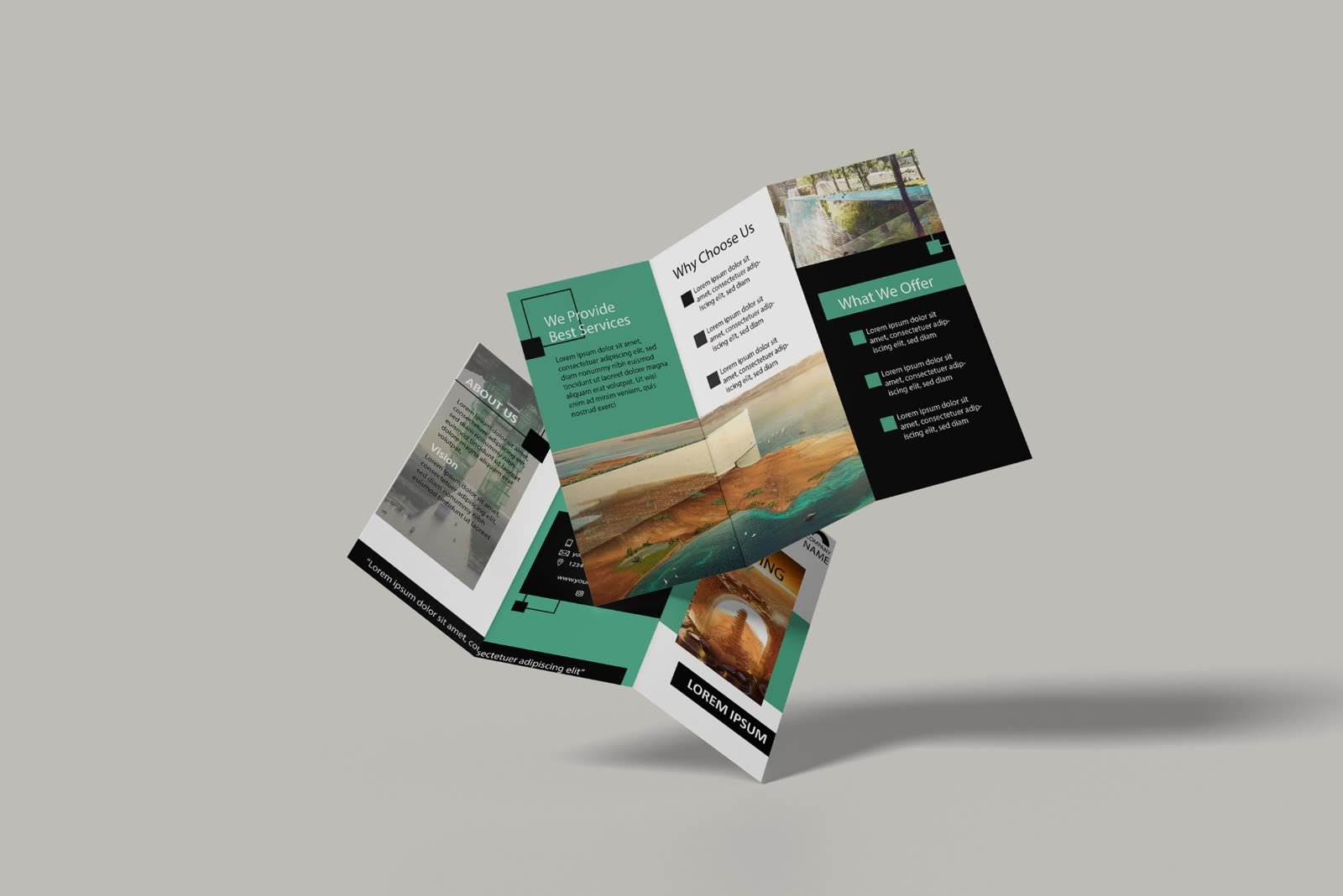 Brochure design: Green and black trifold company brochure floating in mid-air