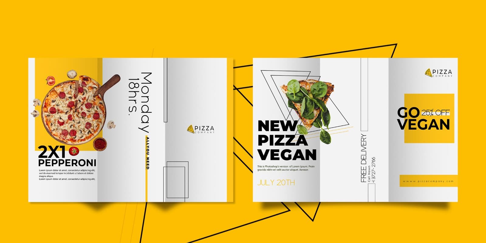 Brochure design: Pizza Company trifold brochures in yellow with pepperoni and vegan pizza offers