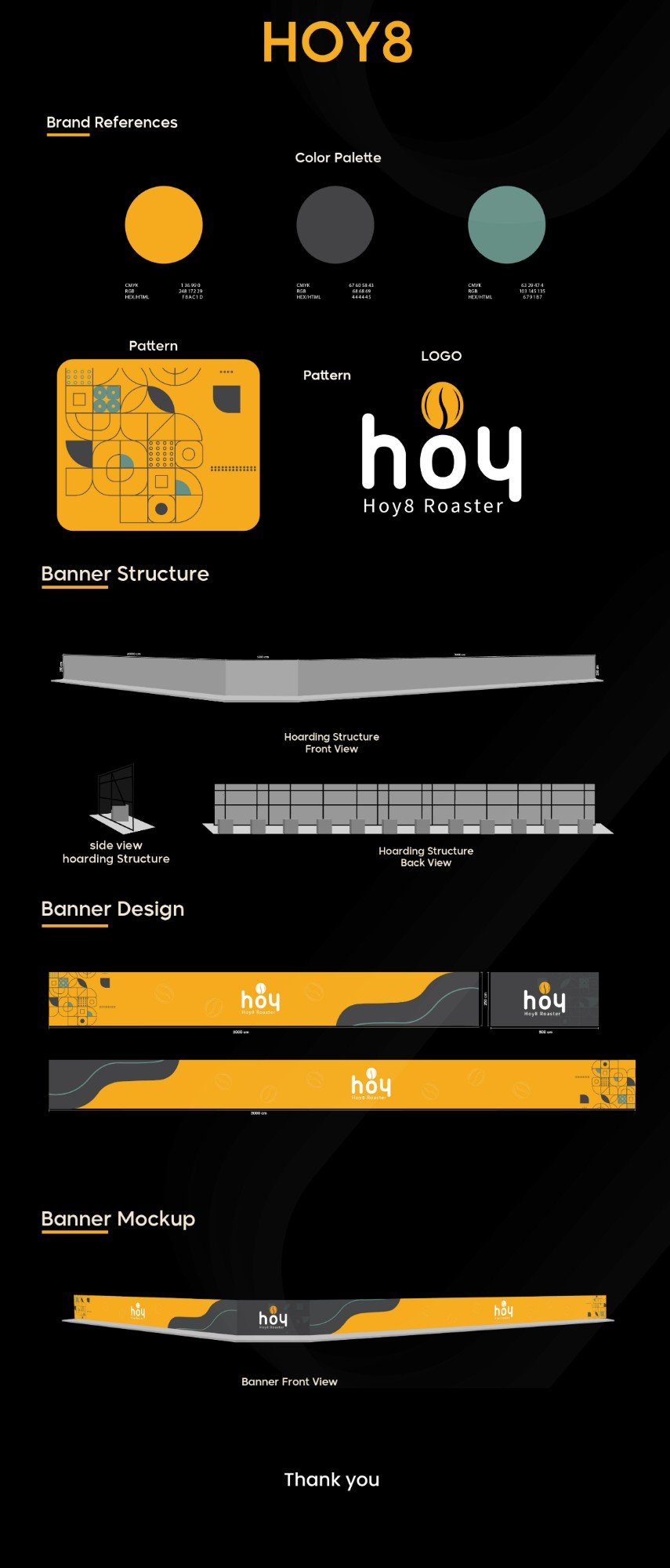 Hoy8 Roaster hoarding: brand references, banner structure, banner design and mockup