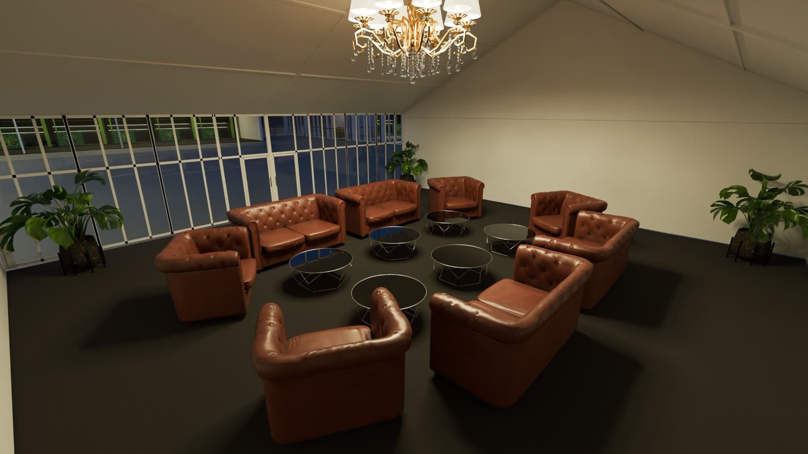 KJO National Day event: VIP lounge with leather sofas and a chandelier